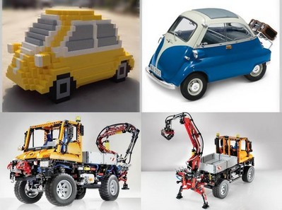上圖為樂高按1:3比例拼搭的寶馬經典微車 Isetta，下圖為樂高拼砌的奔馳 Unimog U 400工程車。